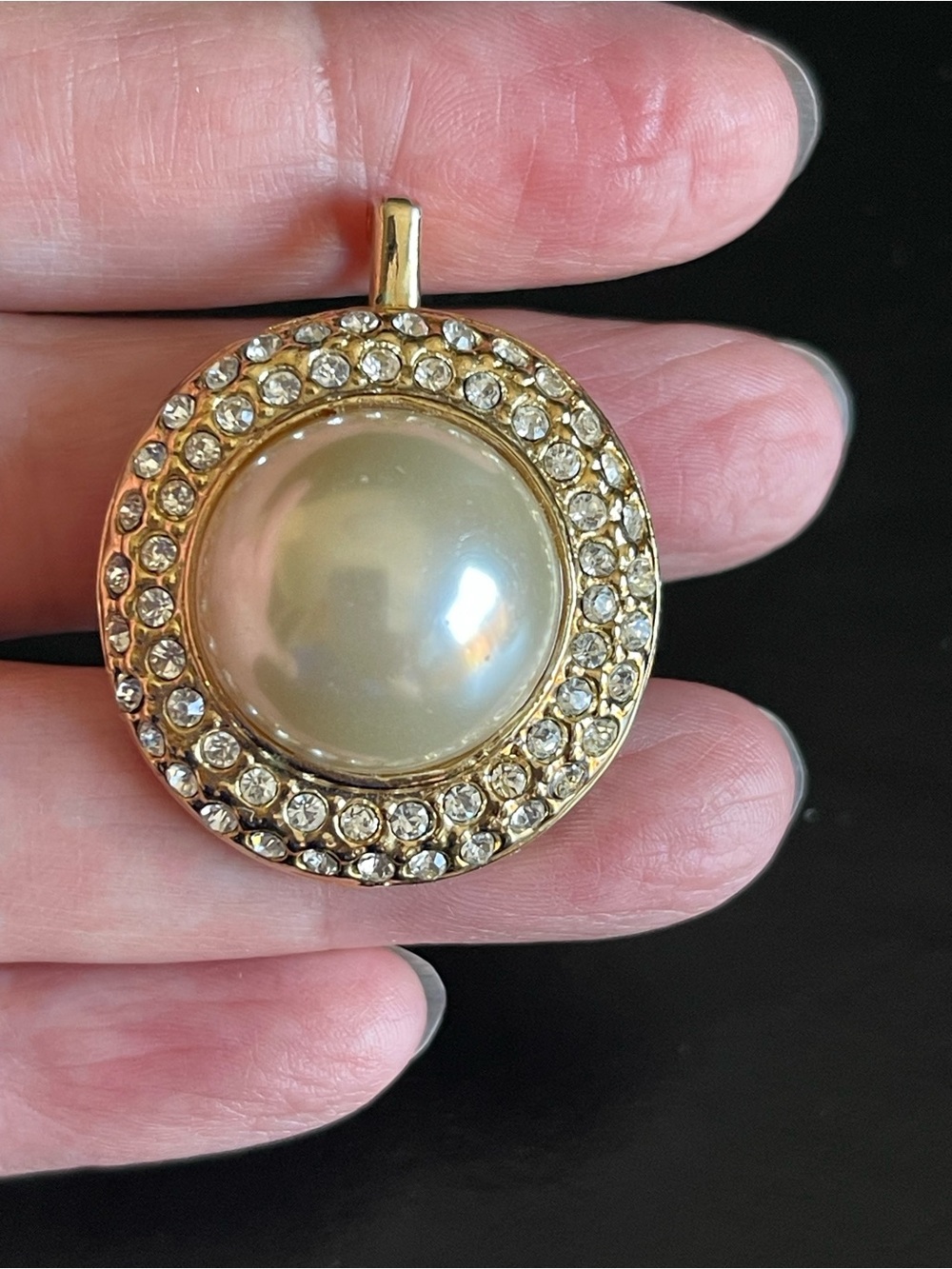 Classic faux Mabe Pearl & rhinestone pendant with enhancer clasp.